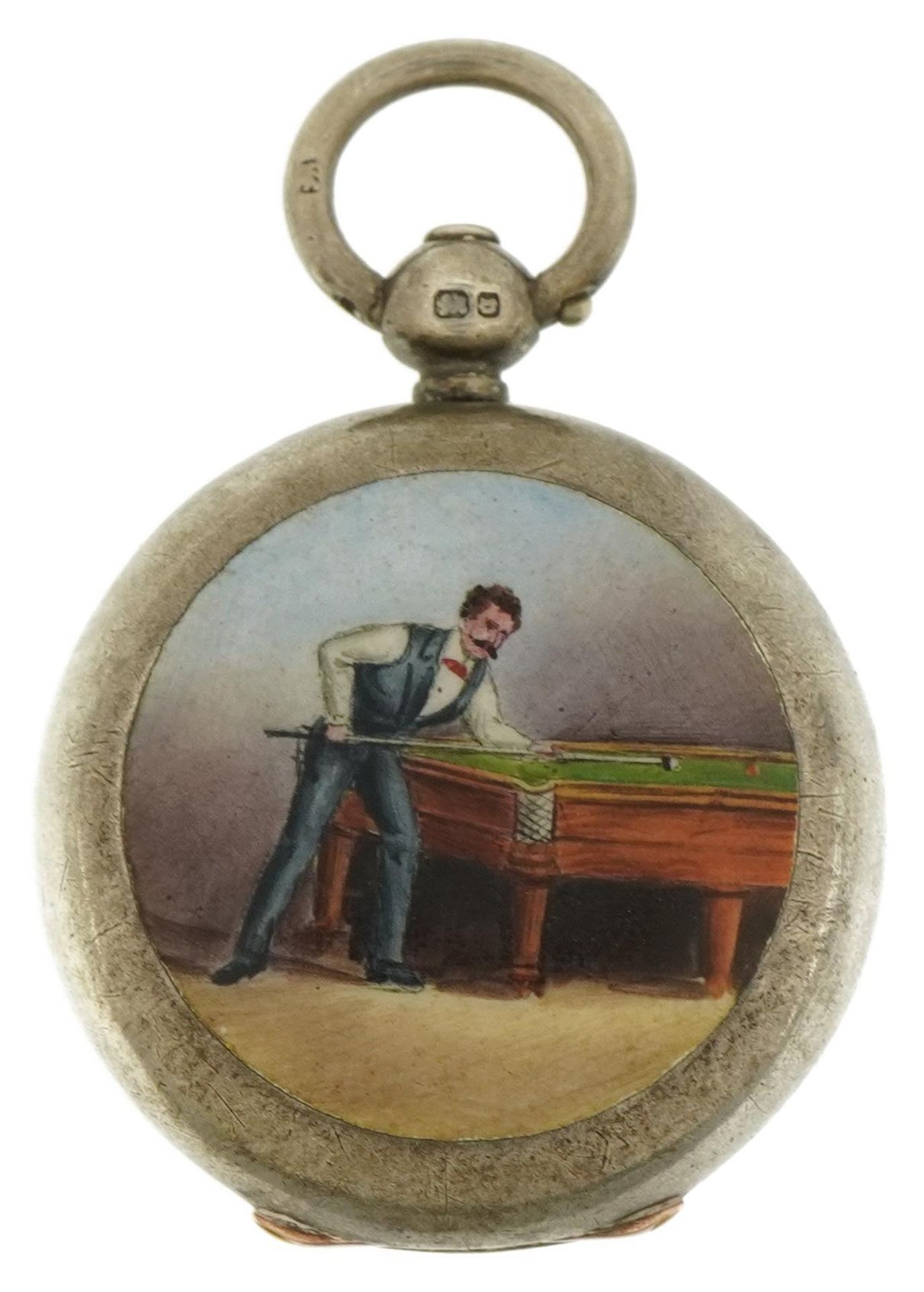 Victorian silver sovereign case enamelled with a snooker player, WHS maker's mark, Birmingham