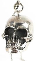 Sterling silver Steampunk human skull design watch chain with opening skull trinket and T bar,