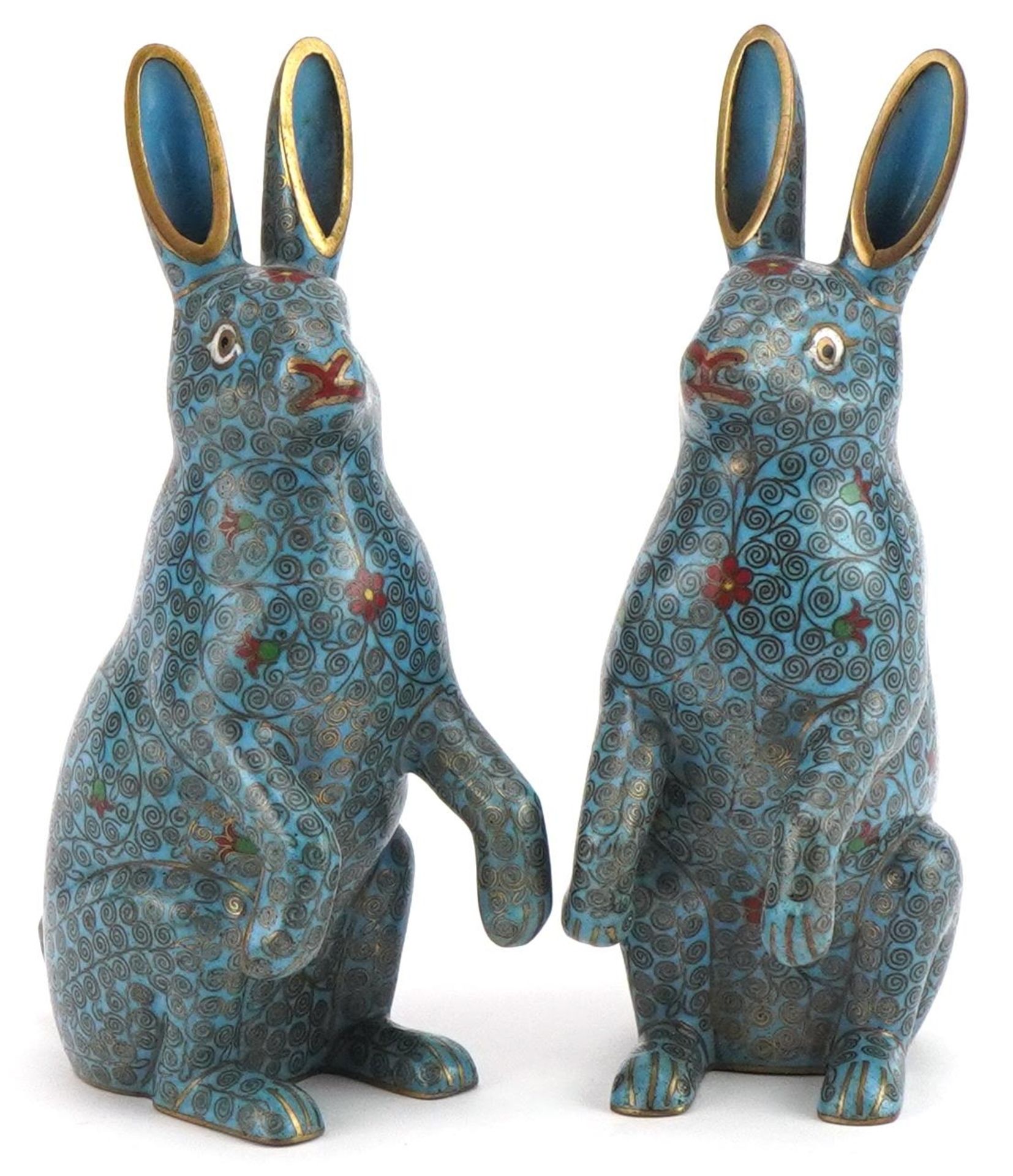Pair of Chinese cloisonne hares enamelled with flowers, each 13cm high : For further information