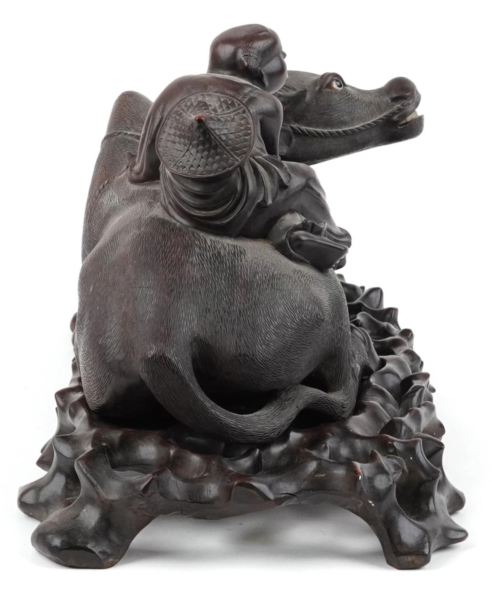 Large Chinese hardwood carving on stand of a boy on buffalo, 41.5cm in length : For further - Image 5 of 7