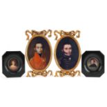 Two pairs of portrait miniatures including a pair with gilt bow design frames, the largest overall