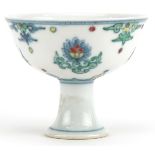 Chinese doucai porcelain stem bowl hand painted with flowers, 8cm high : For further information