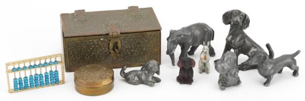 Miniature items including brass Islamic casket, abacus, various metal animals including a painted