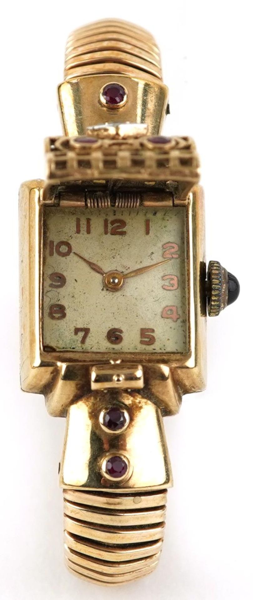 Ladies 9ct gold bracelet wristwatch set with a diamond, rubies and sapphire crown, the case 16mm - Bild 2 aus 9