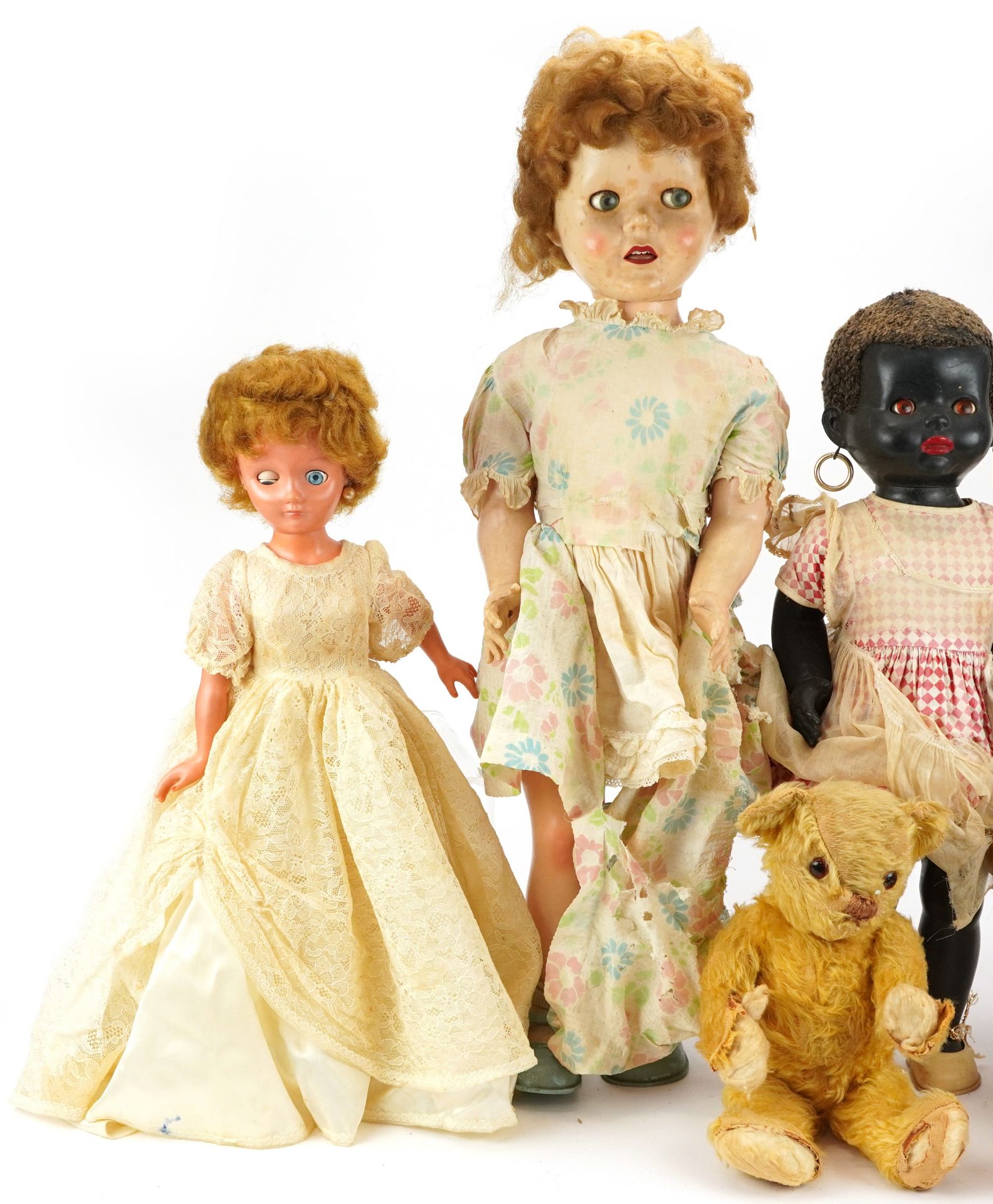 Three vintage dolls including a 28 inch Pedigree example and two golden teddy bears with jointed - Image 2 of 4