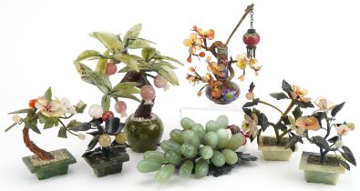 Chinese hardstone and jade including four bonsai trees with planters, the largest 18cm wide : For