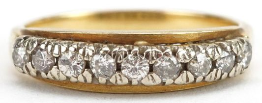 Unmarked gold diamond half eternity ring, tests as 18ct gold, size M, 2.8g : For further information