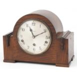 Oak cased Westminster chiming mantle clock with silvered dial inscribed Stevenson & Co Sevenoaks :