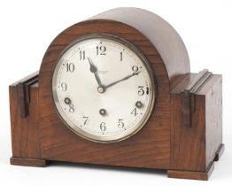 Oak cased Westminster chiming mantle clock with silvered dial inscribed Stevenson & Co Sevenoaks :