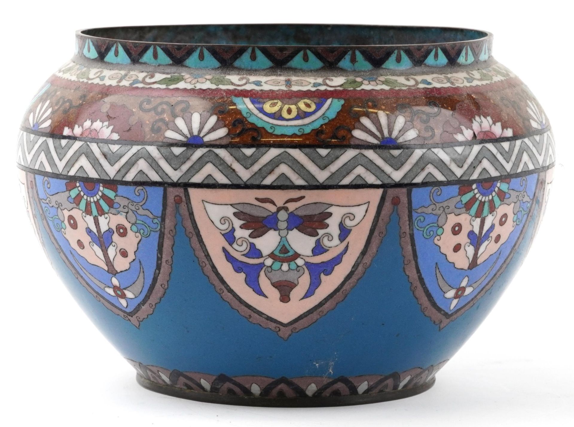 Japanese cloisonne jardiniere hand painted with panels of stylised butterflies and flowers, 29cm - Bild 4 aus 6