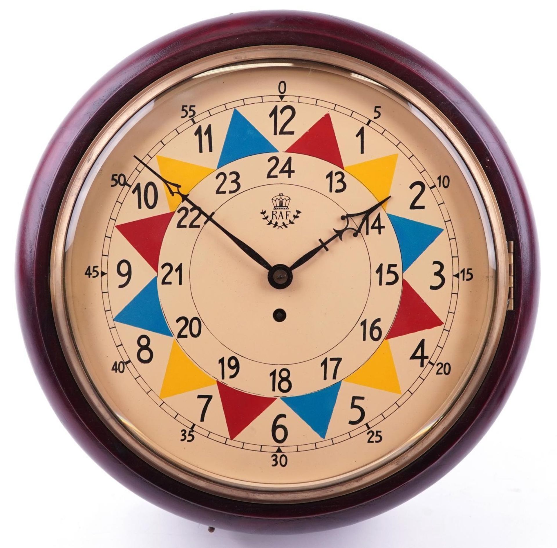 Military interest RAF style hardwood fusee wall clock with painted dial having Arabic numerals, 37cm