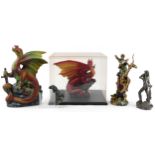 Three mythical dragons including one impressed DHM 1997 and a Franklin Mint pewter Sioux hunter by