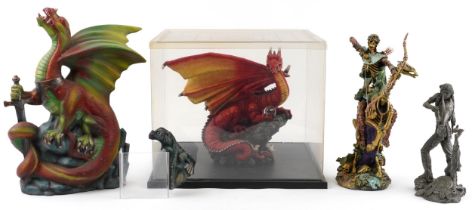 Three mythical dragons including one impressed DHM 1997 and a Franklin Mint pewter Sioux hunter by