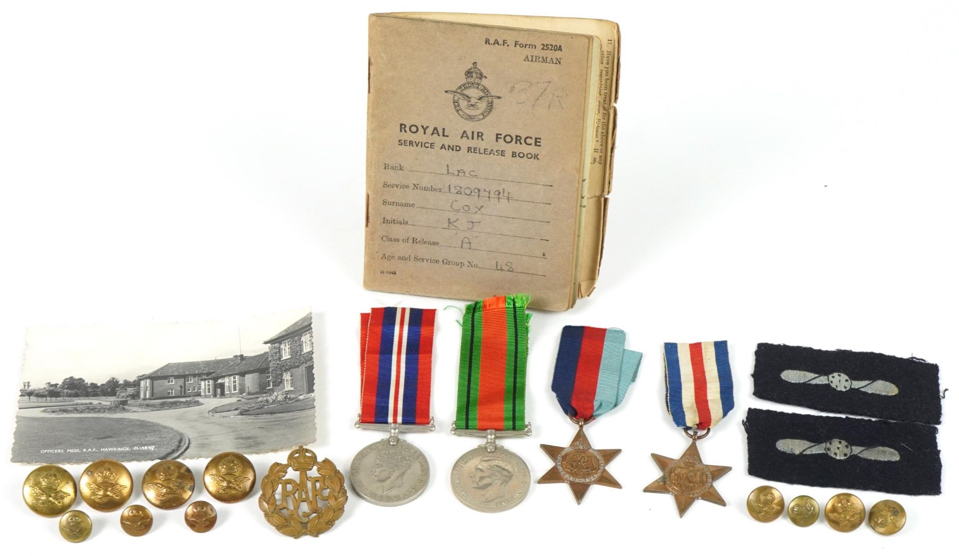British military World War II medal group relating to K J Cox including Royal Air Force Service