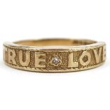 9ct gold True Love ring set with a diamond, size M, 2.7g : For further information on this lot