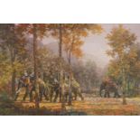 Mahout elephant procession, Asian school impasto oil on canvas, bearing an indistinct signature,