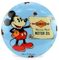 Sunoco Mercury Made Motor Oil enamel advertising sign with Mickey Mouse, 30cm in diameter : For