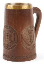 Good military interest treen trench art tankard with brass liner engraved with The Royal Sussex
