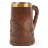 Good military interest treen trench art tankard with brass liner engraved with The Royal Sussex