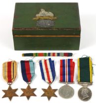 British military World War II five medal group with hardwood box including Territorial Efficient