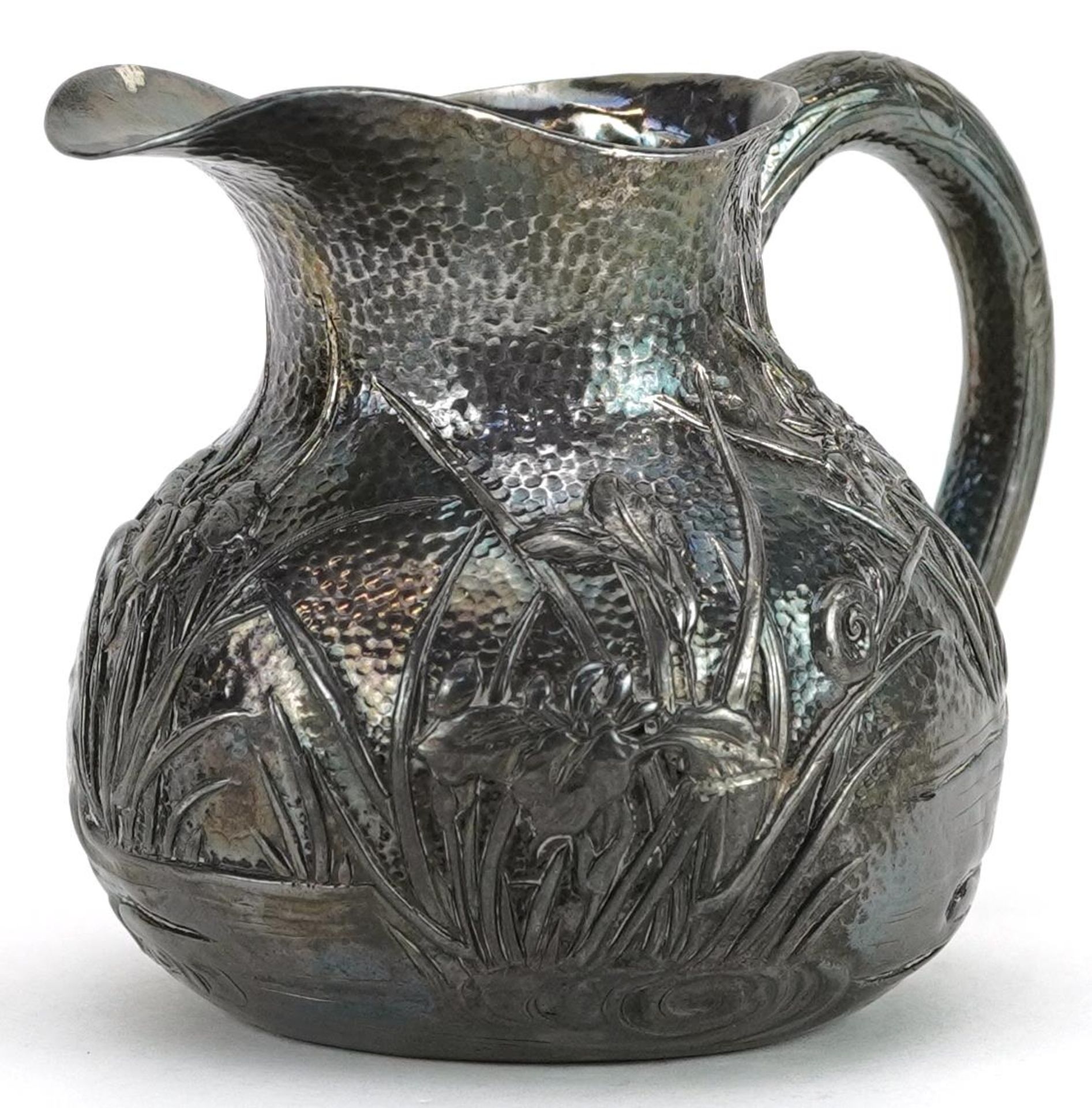 Japanese silver cream jug embossed with insects amongst flowers and reeds, impressed character marks