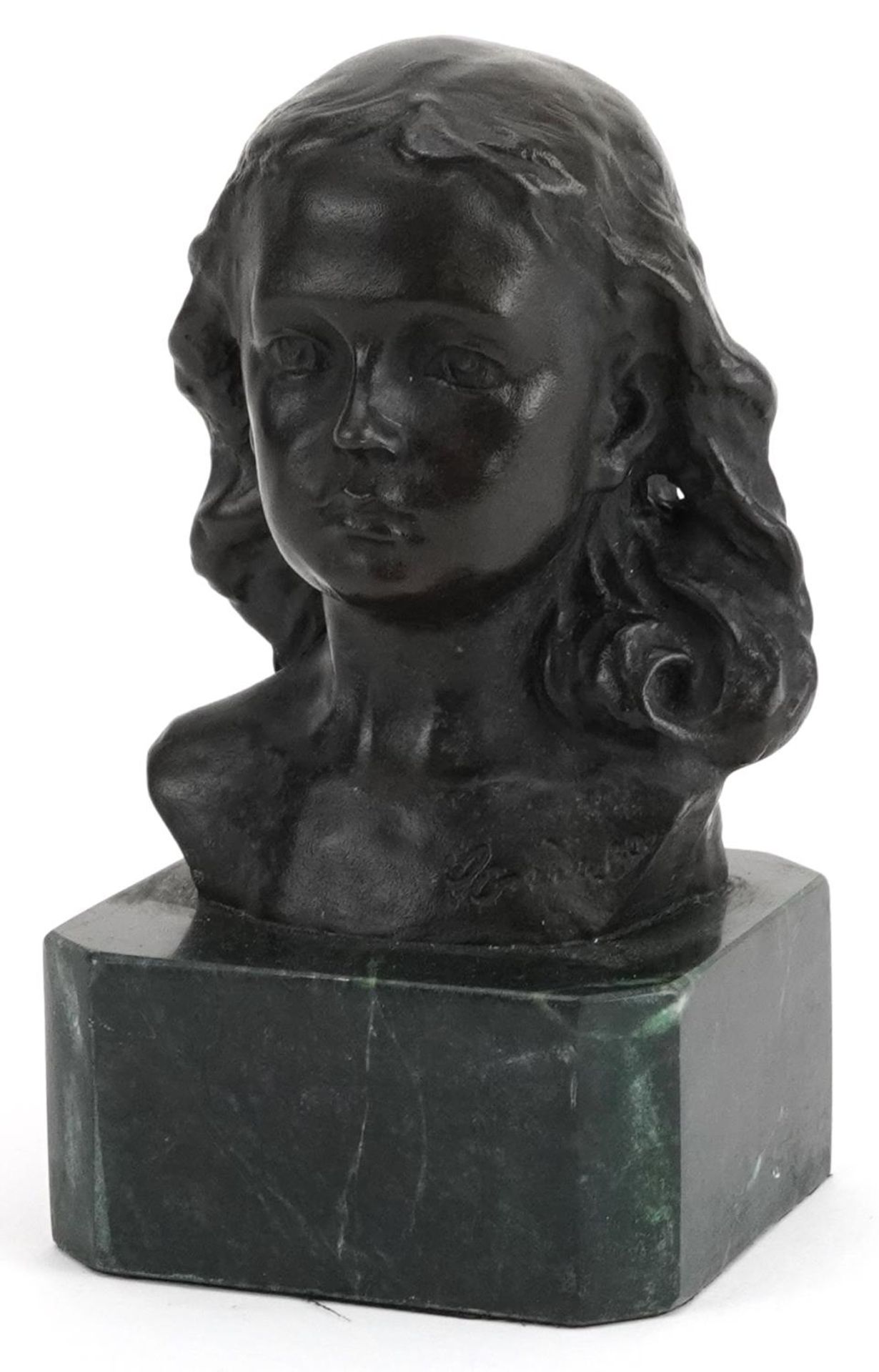Patinated bronze head and shoulders bust of a young female raised on a green marble base, 15cm
