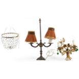 Lighting and fixtures comprising a bag chandelier with cut glass drops, French style gilt metal