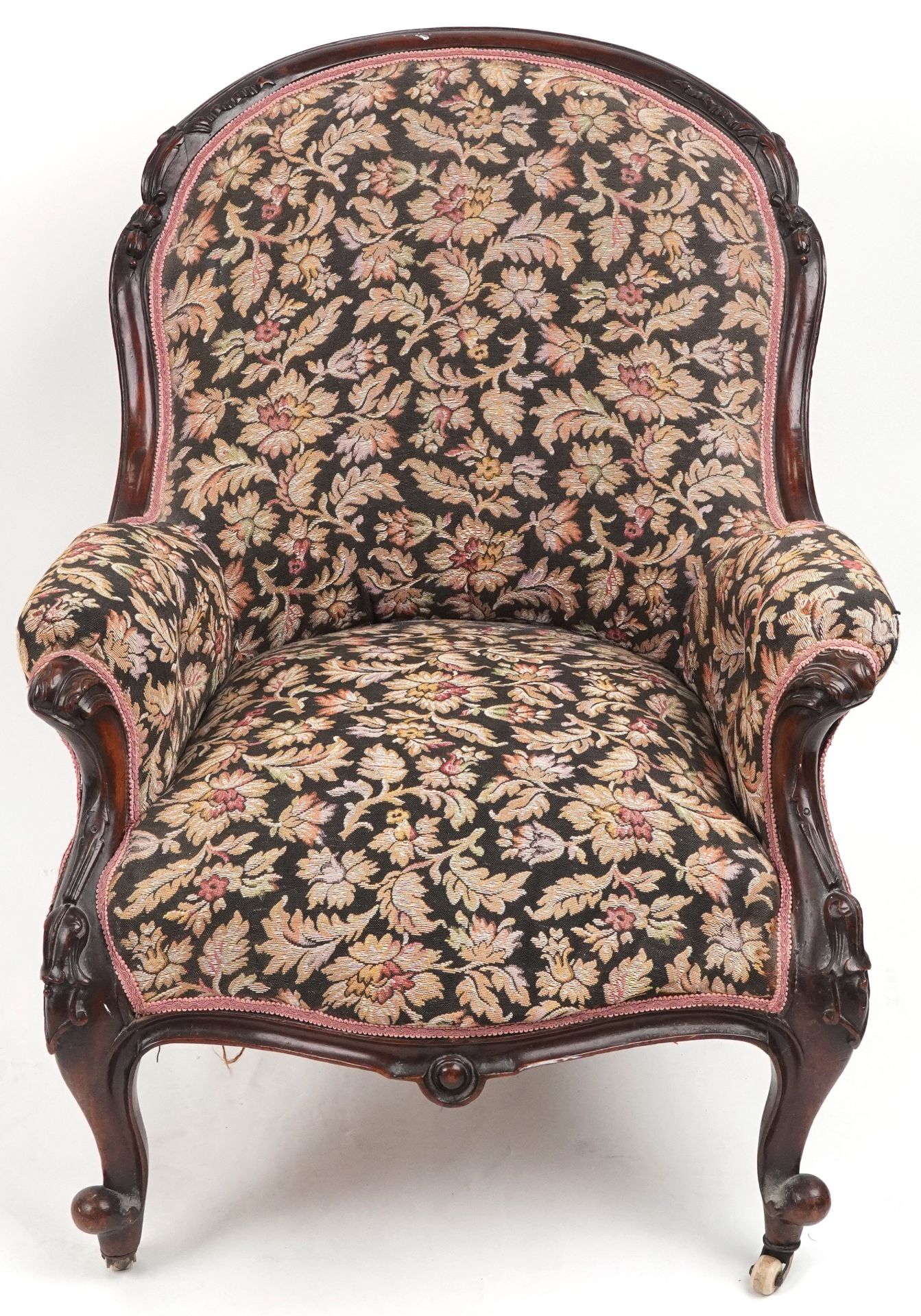 Victorian mahogany arm chair with floral upholstery and serpentine front, 90cm high : For further - Image 2 of 4