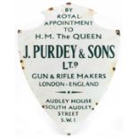 J Purdy & Sons Ltd Gun & Rifle Makers enamel advertising sign in the form of a shield, 51cm x 39cm :