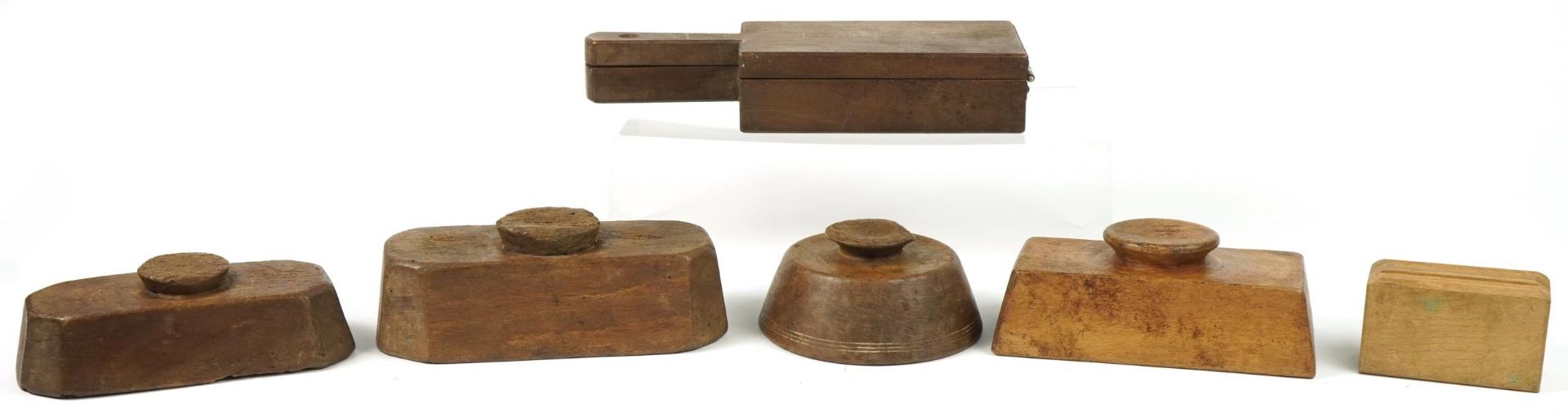 Six Antique French treen butter moulds including examples carved with flowers, the largest 20.5cm in - Image 5 of 5