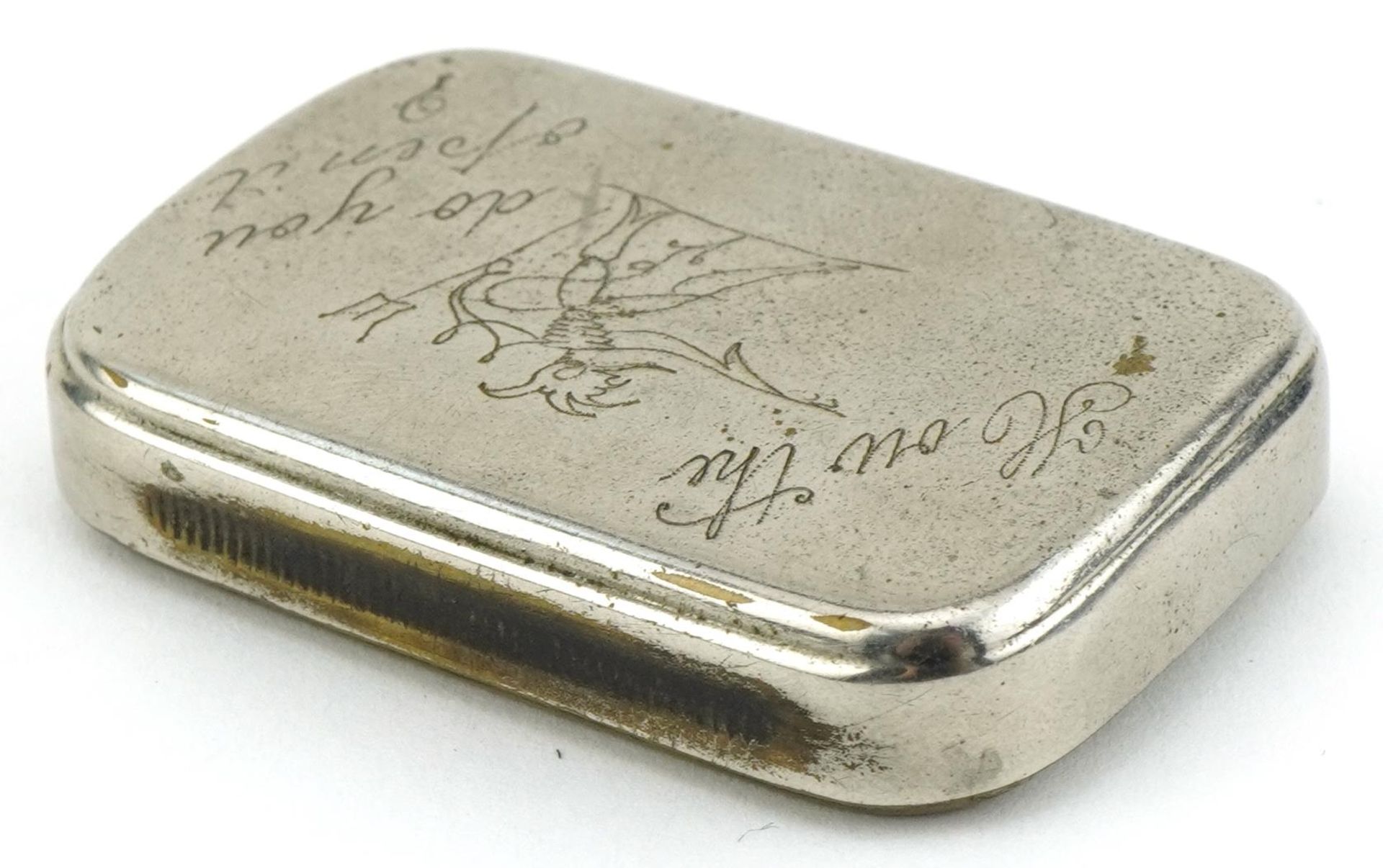 Vintage white metal squeeze vesta engraved How the devil do you open it, 5.2cm wide, 28.4g : For - Image 2 of 4