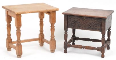 Antique carved oak work table and a pine occasional table, the largest 43cm high : For further