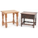 Antique carved oak work table and a pine occasional table, the largest 43cm high : For further