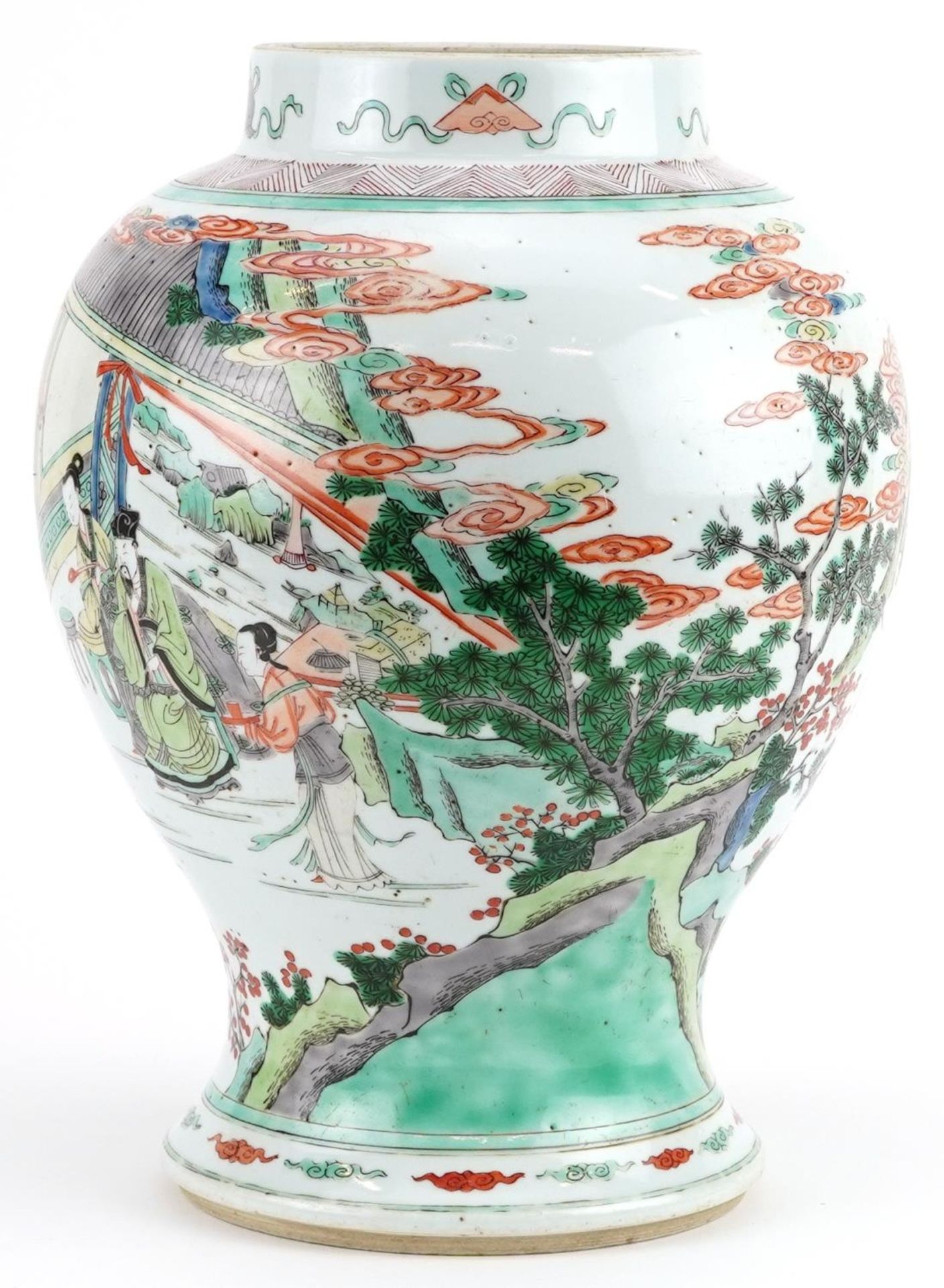 Chinese porcelain baluster vase hand painted in the famille verte palette with emperors and - Image 3 of 7