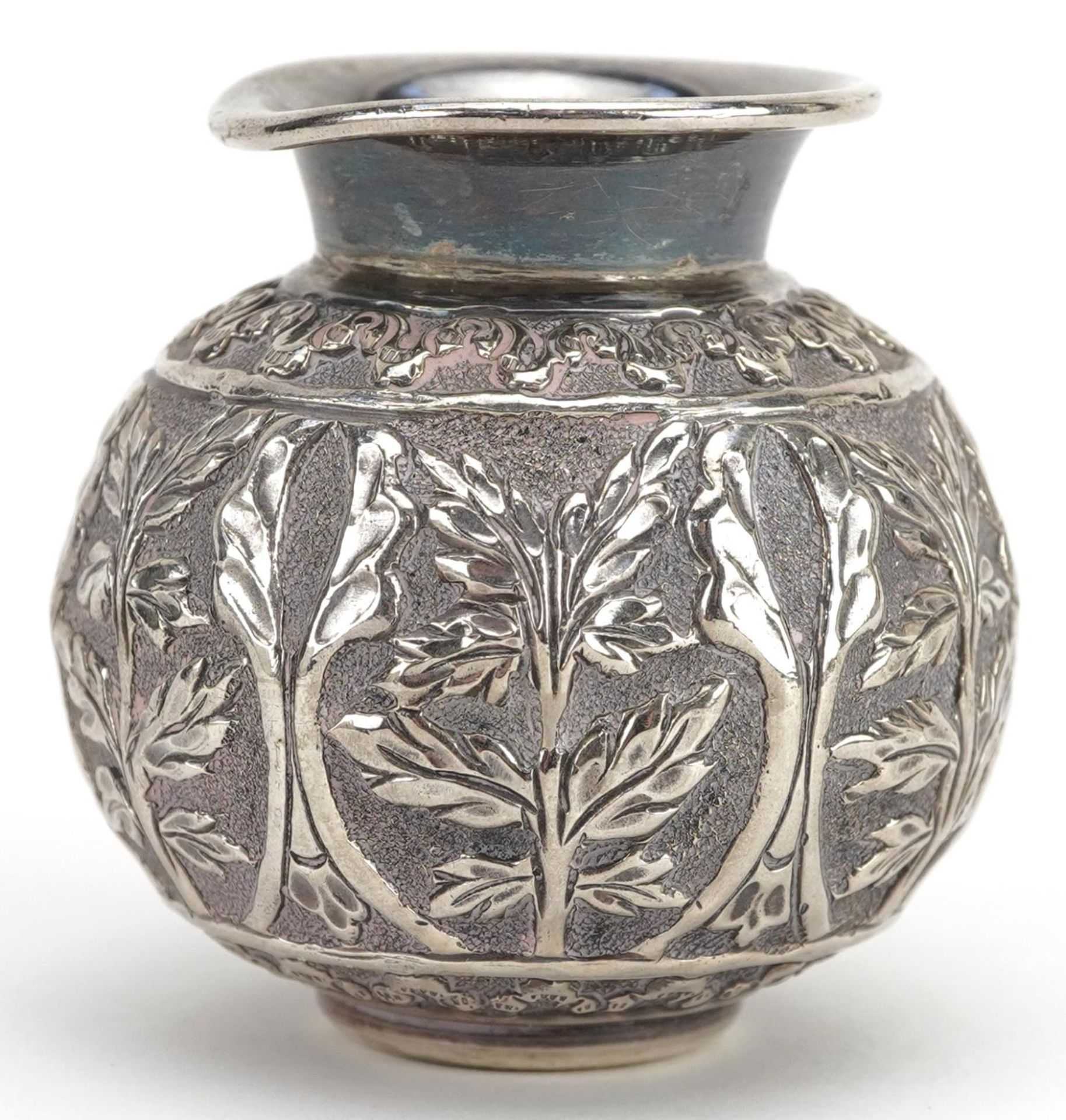 Asian 900 grade silver vase profusely embossed with foliage, 6cm high, 98.0g : For further