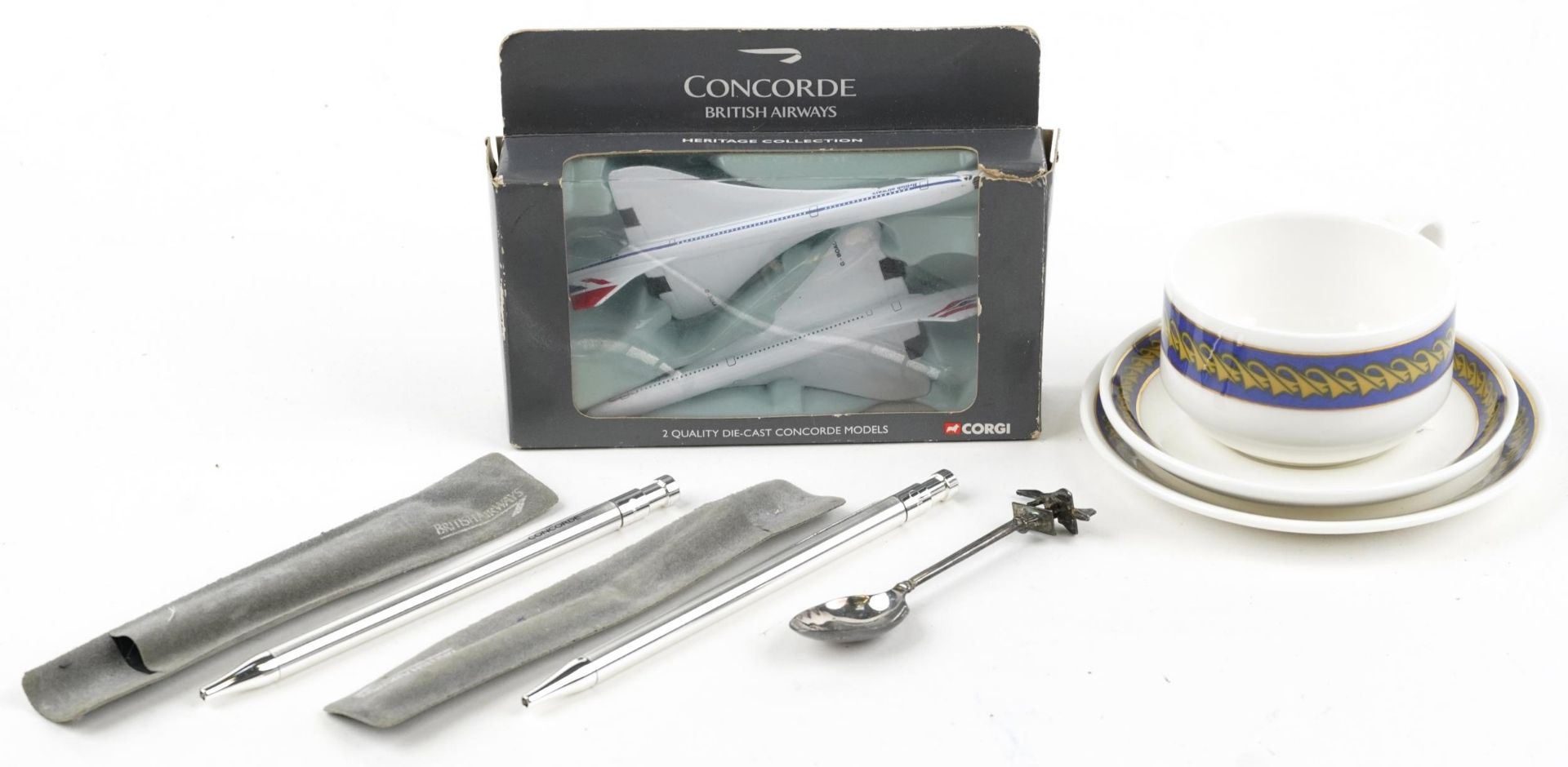 Concorde memorabilia including Royal Doulton British Airways trio and diecast aeroplanes by Corgi