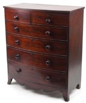 Victorian mahogany bow front six drawer chest with bracket feet, 120.5cm H x 106cm W x 54cm D :