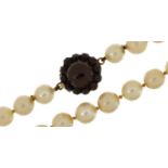 Cultured pearl single row necklace with silver gilt Bohemian garnet clasp, 42cm in length, 37.4g :