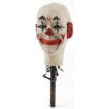 Early 20th century ventriloquist's mechanical dummy head with glass beaded eyes, 43cm high : For