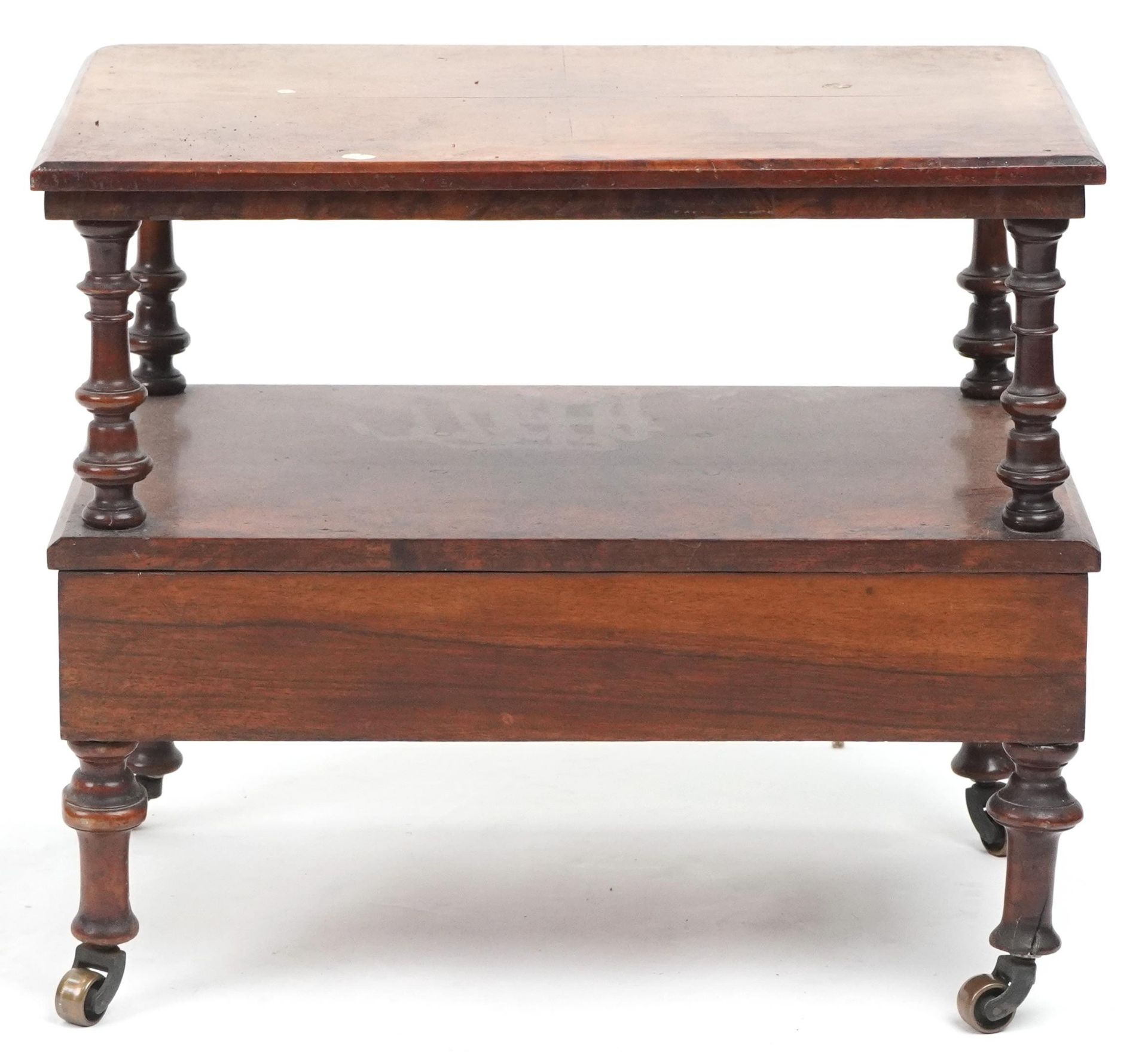 Victorian burr walnut two tier stand with frieze drawer and turned supports, 50cm H x 59cm W x - Image 4 of 4