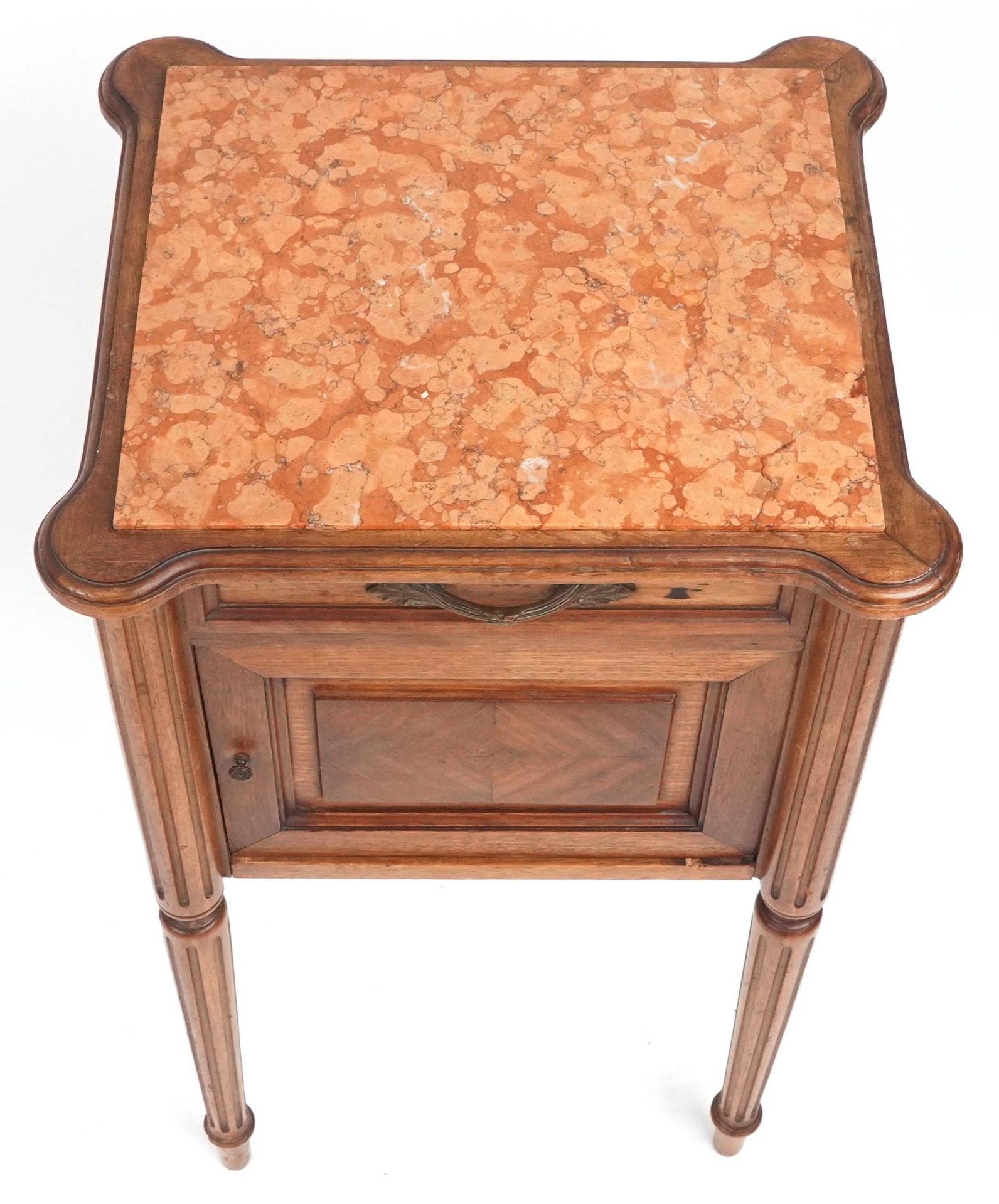 French walnut nightstand with marble top on reeded legs, 82cm H x 45cm W x 40cm D : For further - Image 3 of 4
