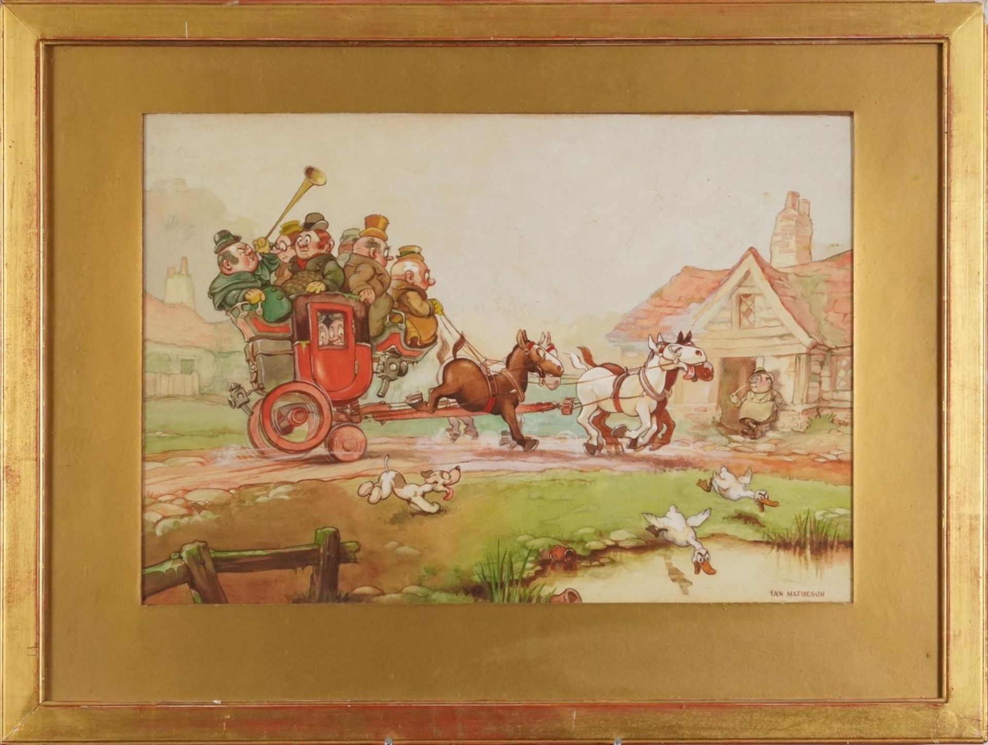 Ian Matheson - Horse drawn cart, comical watercolour illustration, framed and glazed, 49cm x 34cm - Bild 2 aus 6
