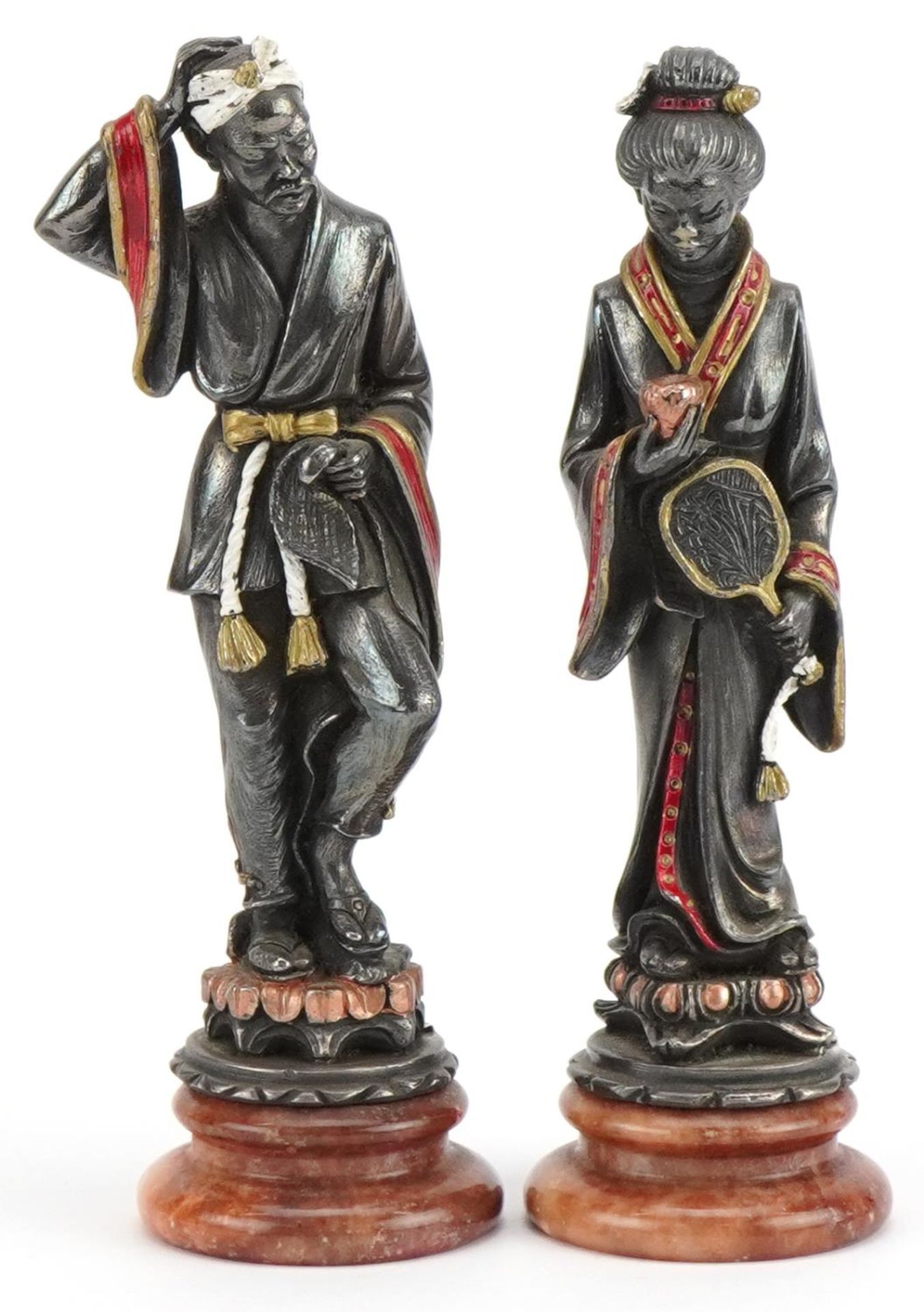 A Giannelli, pair of silver Chinese figures with hardstone bases, each 15cm high : For further