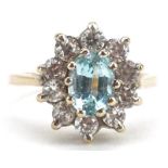 9ct gold blue topaz and clear stone cluster ring, size M, 3.1g : For further information on this lot