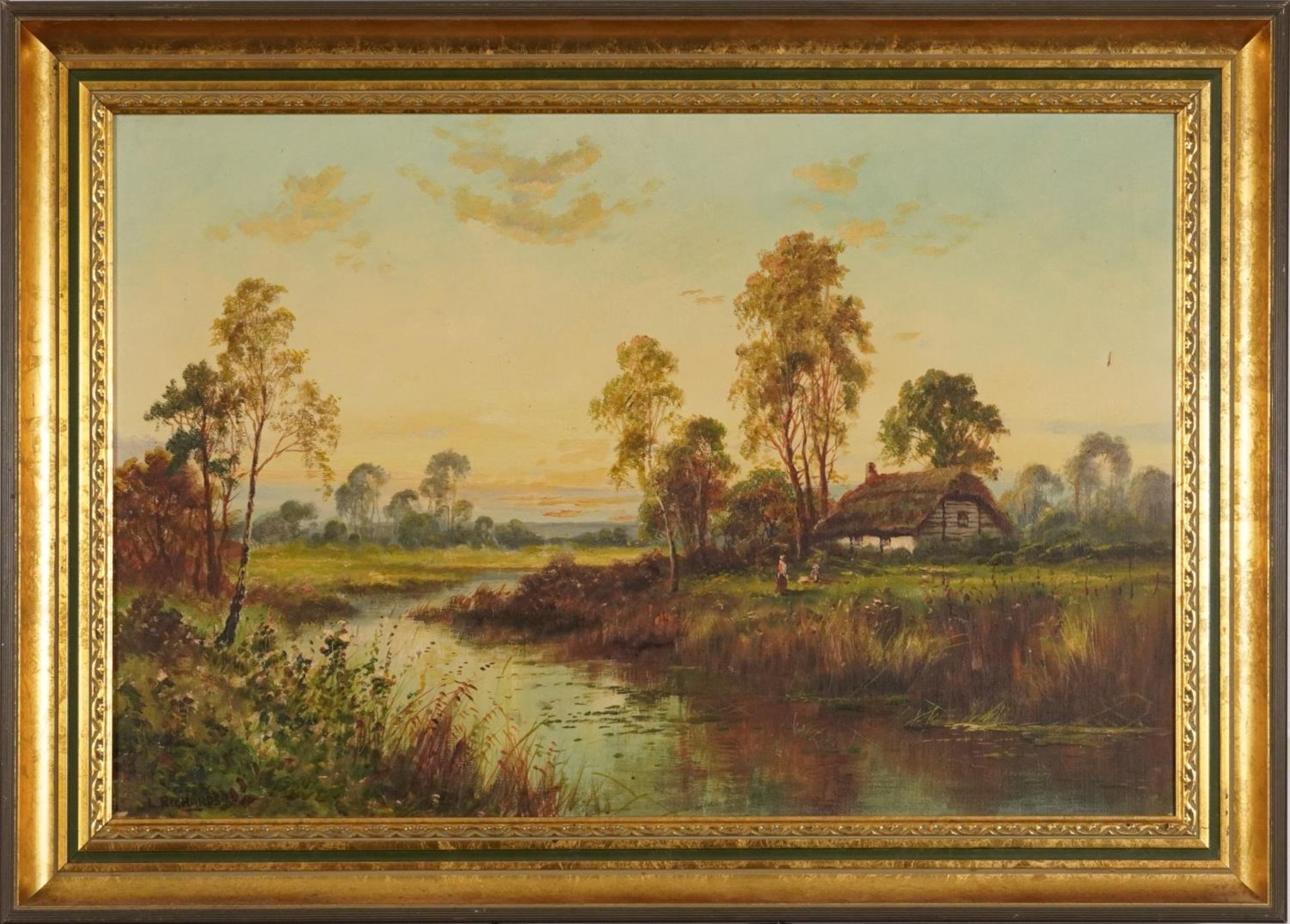 River scenes, matched pair of 19th/early 20th century oil on canvases, one signed L Richards, - Bild 3 aus 11