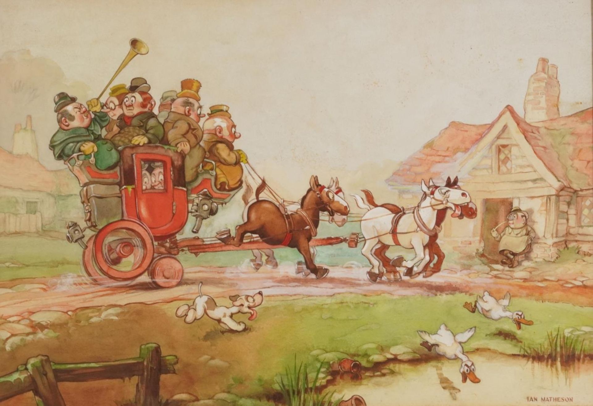 Ian Matheson - Horse drawn cart, comical watercolour illustration, framed and glazed, 49cm x 34cm