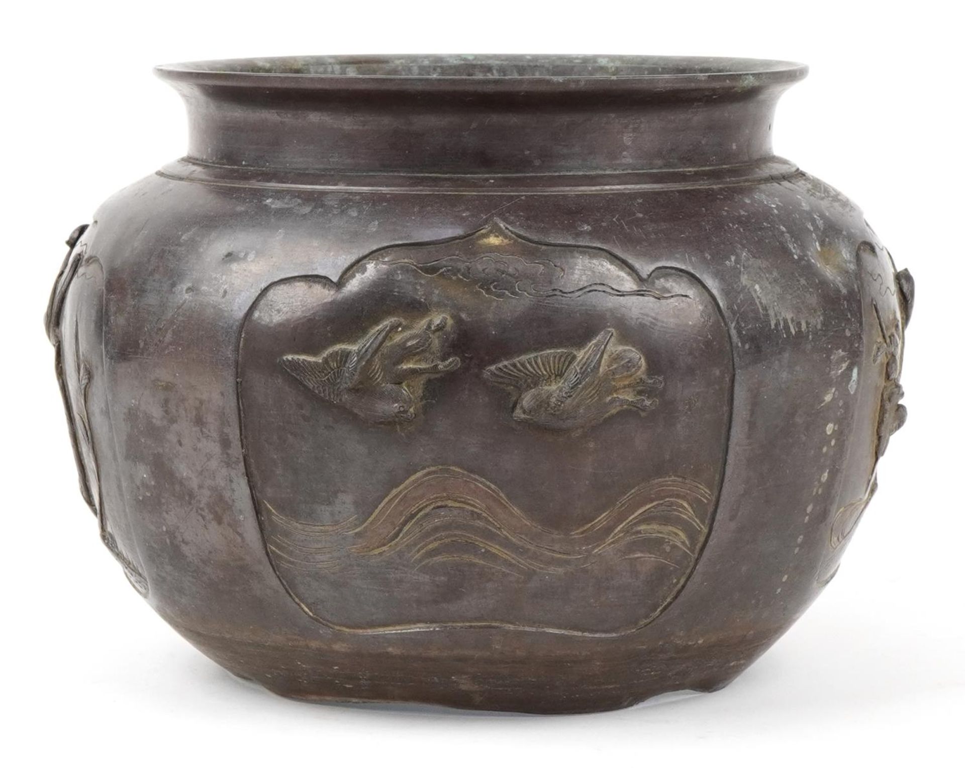 Japanese patinated bronze jardiniere decorated in relief with birds of paradise, 27cm in - Image 4 of 6