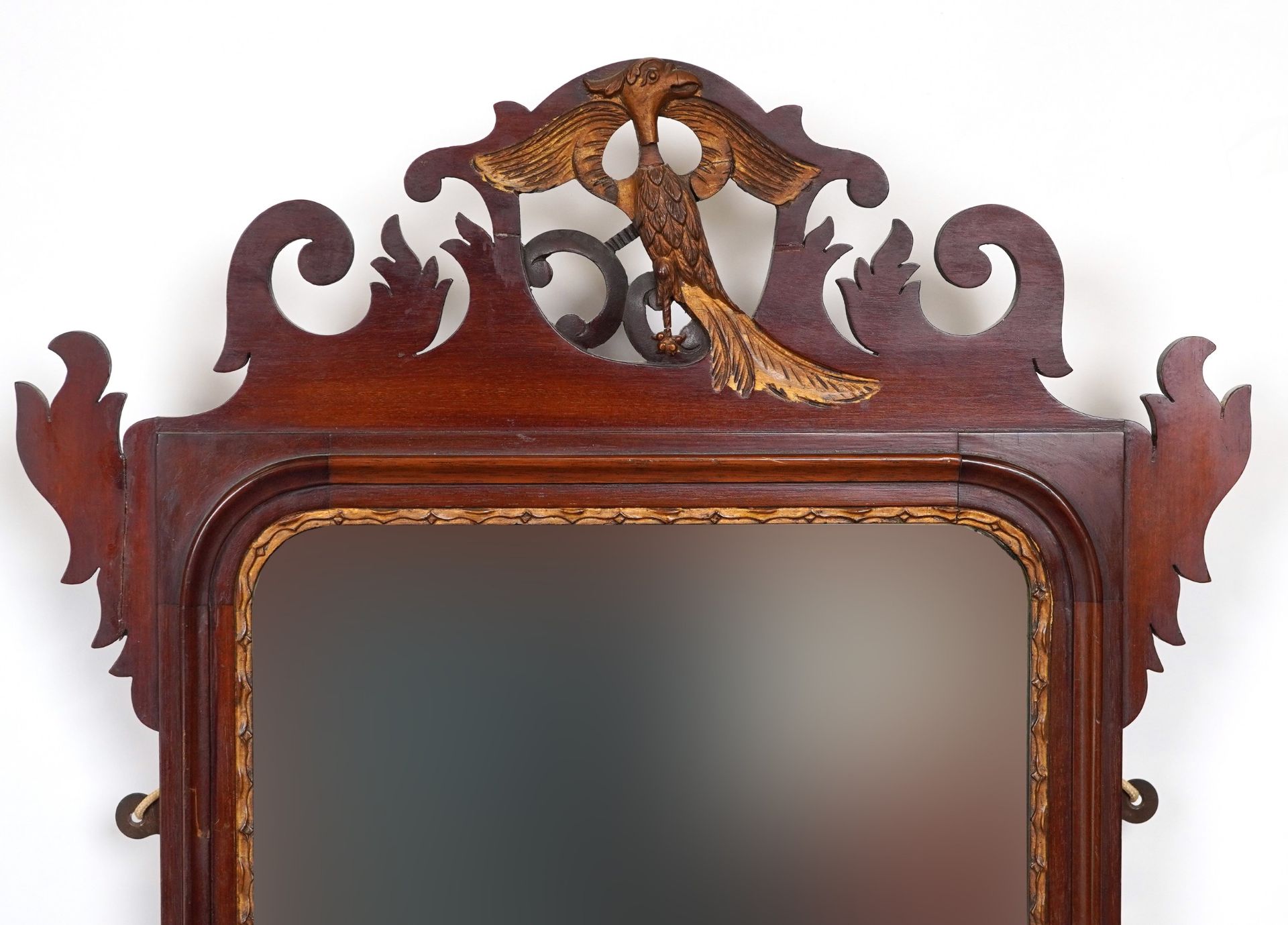 Pair of George III style mahogany pier mirrors with shell inlay and bird carvings, 91.5cm x 51cm : - Image 7 of 8