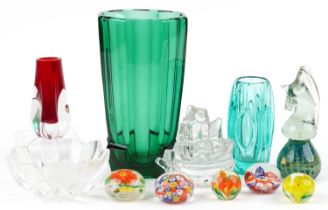 Art glassware including a Swedish boat paperweight by Pukeberg, Whitefriars tooth vase and