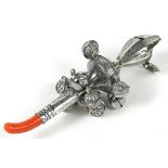 Victorian style 800 grade silver baby's rattle whistle with coral teether, 13.5cm in length, 47.3g :